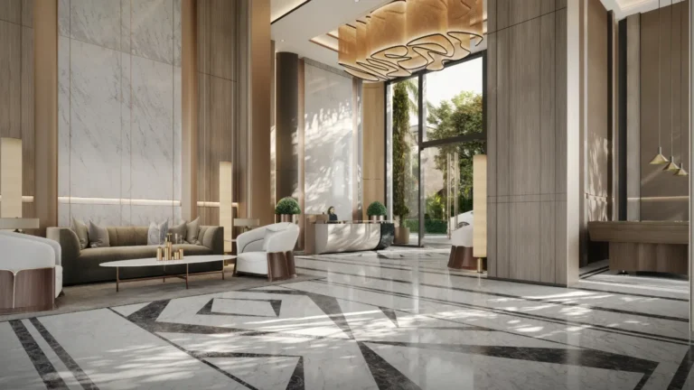 Marble entrance lobby with chandelier at ACE Arte