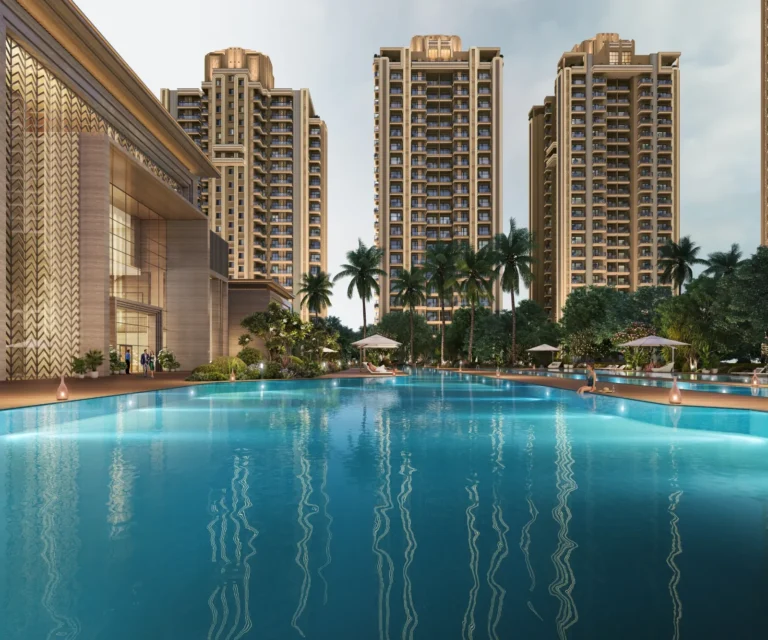 Swimming pool with ACE Arte towers behind
