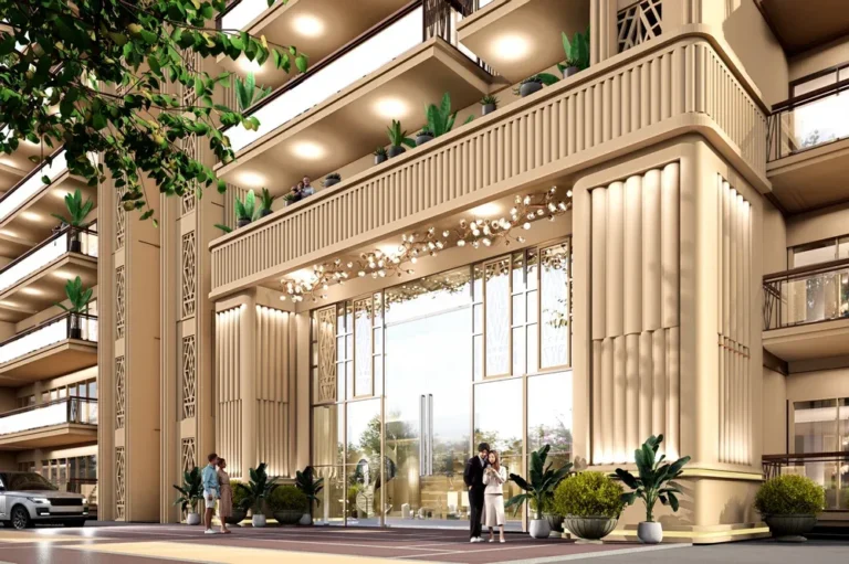 ACE Arte tower podium and entrance facade