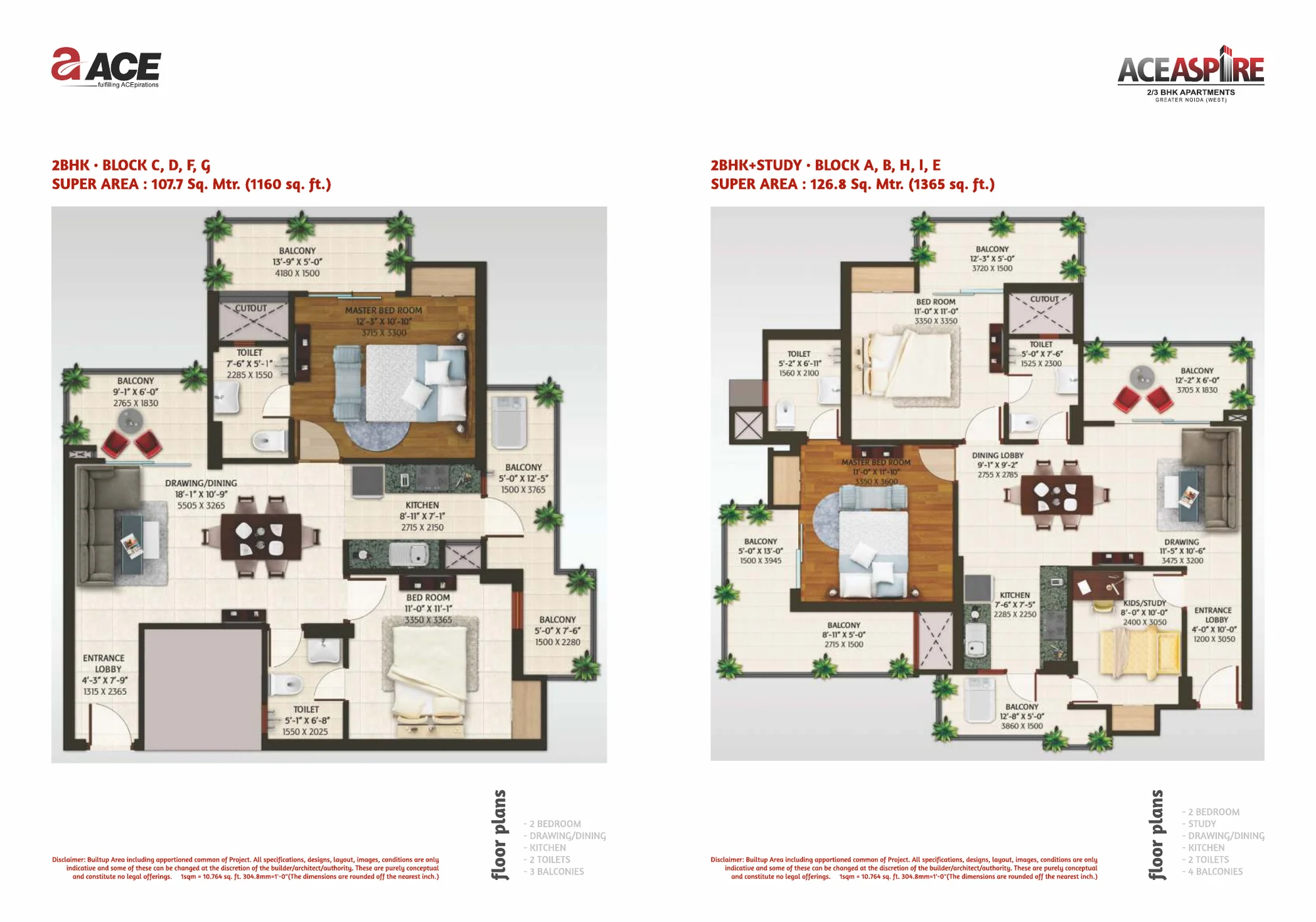 ACE Aspire 2 BHK floor plans with super areas