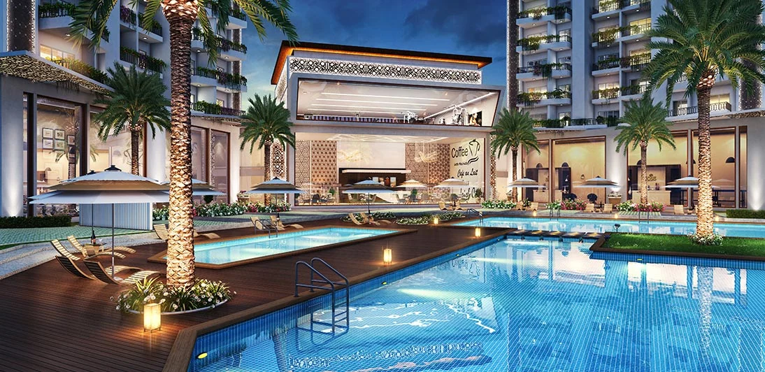 The swimming pool at ACE Divino after dark