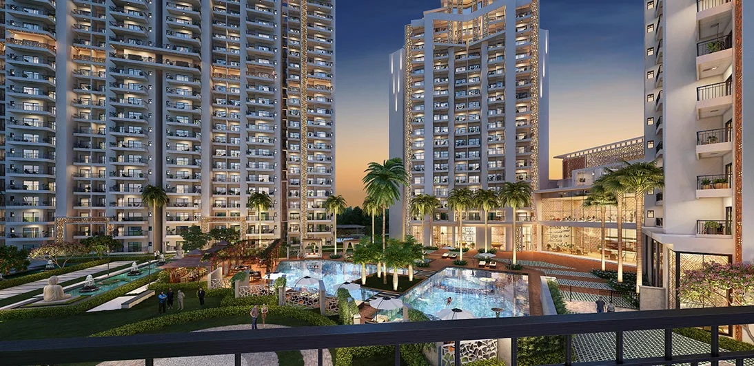 ACE Divino towers seen across the swimming pool
