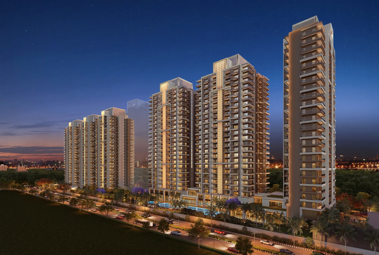 ACE Han'ei towers lit at night