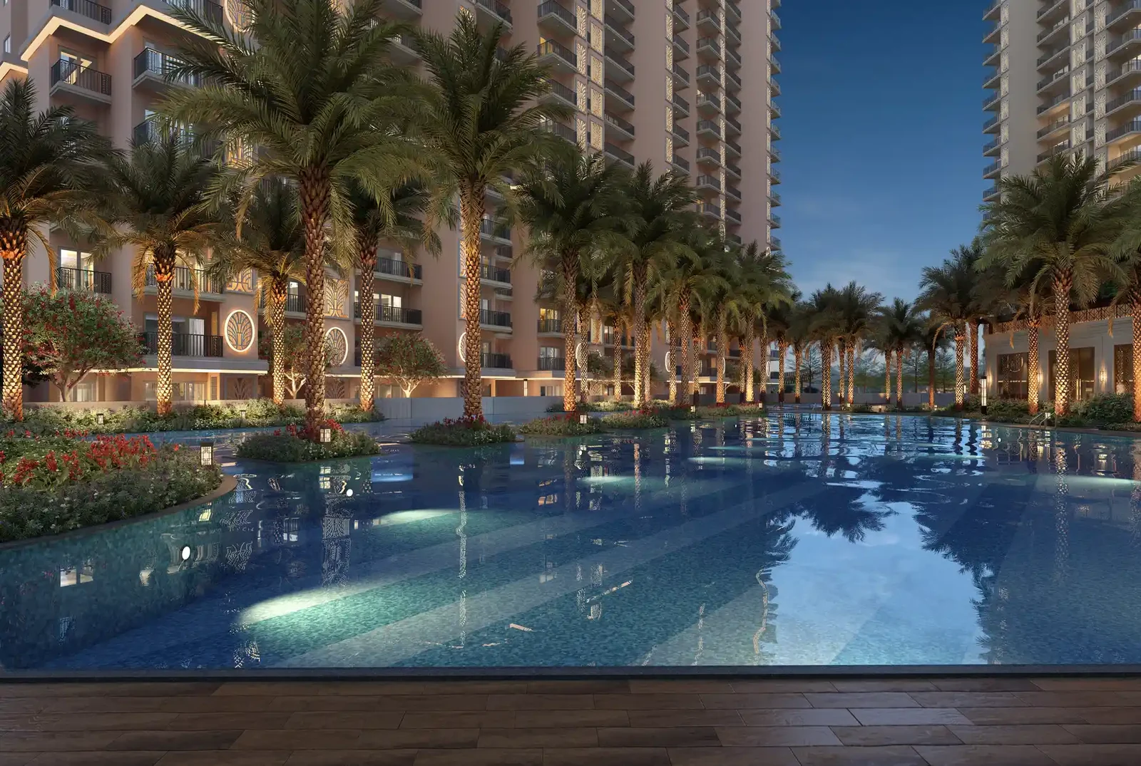 The swimming pool at ACE Terra after dark
