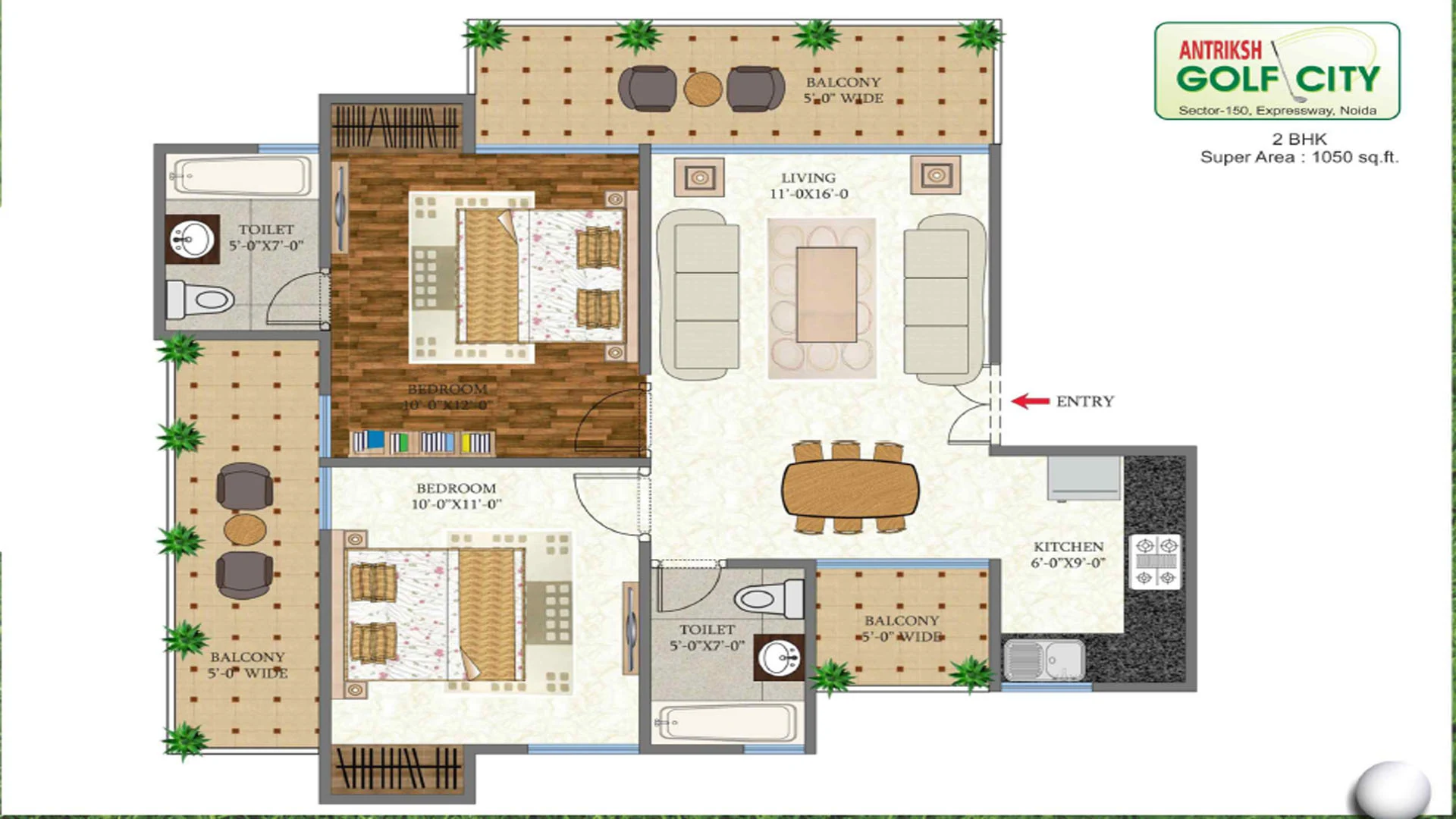 Antriksh Golf City 2 BHK plan, 1,050 sq ft super area