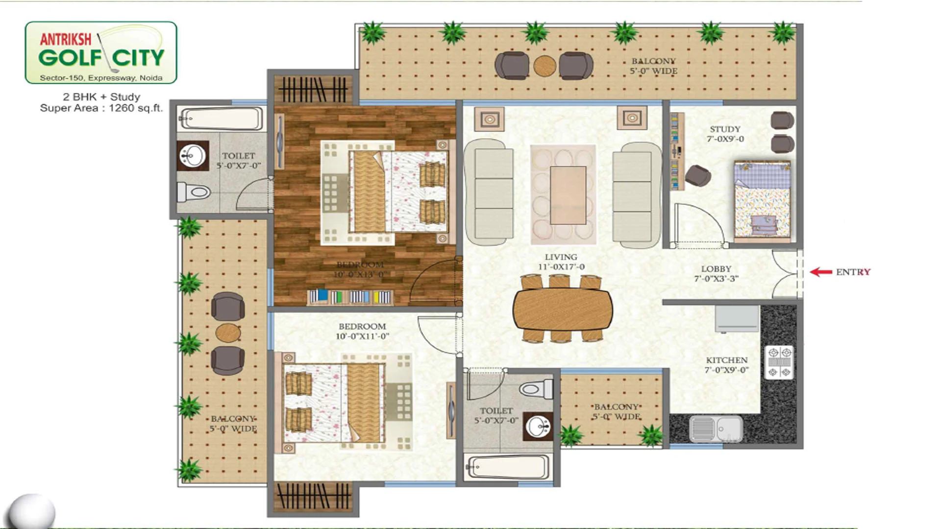 Antriksh Golf City 2 BHK plus study plan, 1,260 sq ft super area