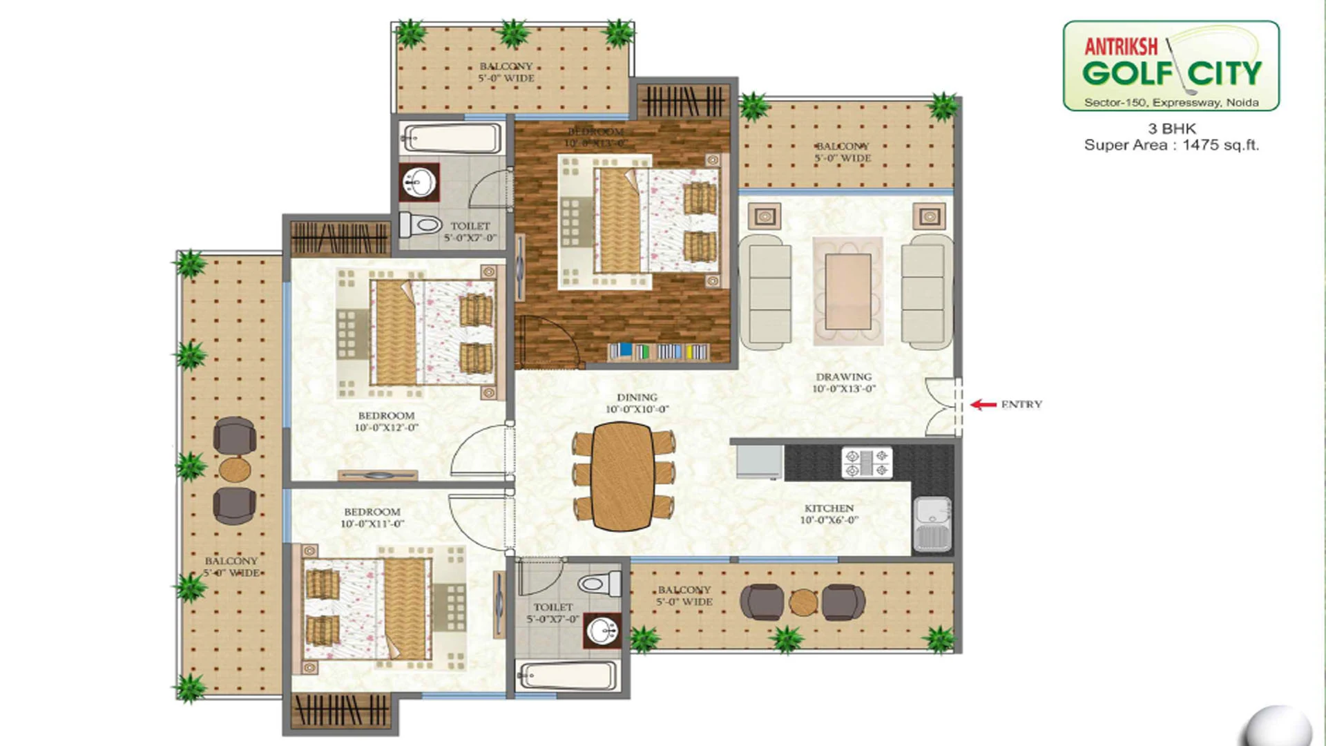 Antriksh Golf City 3 BHK plan, 1,475 sq ft super area