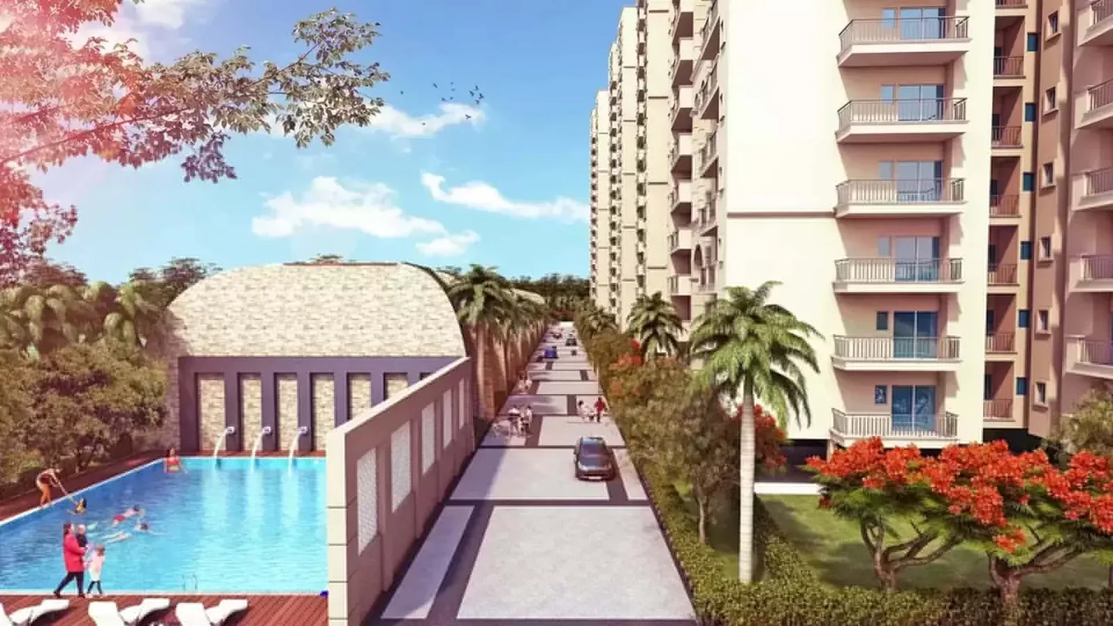 Swimming pool and landscaped spine at Antriksh Golf City