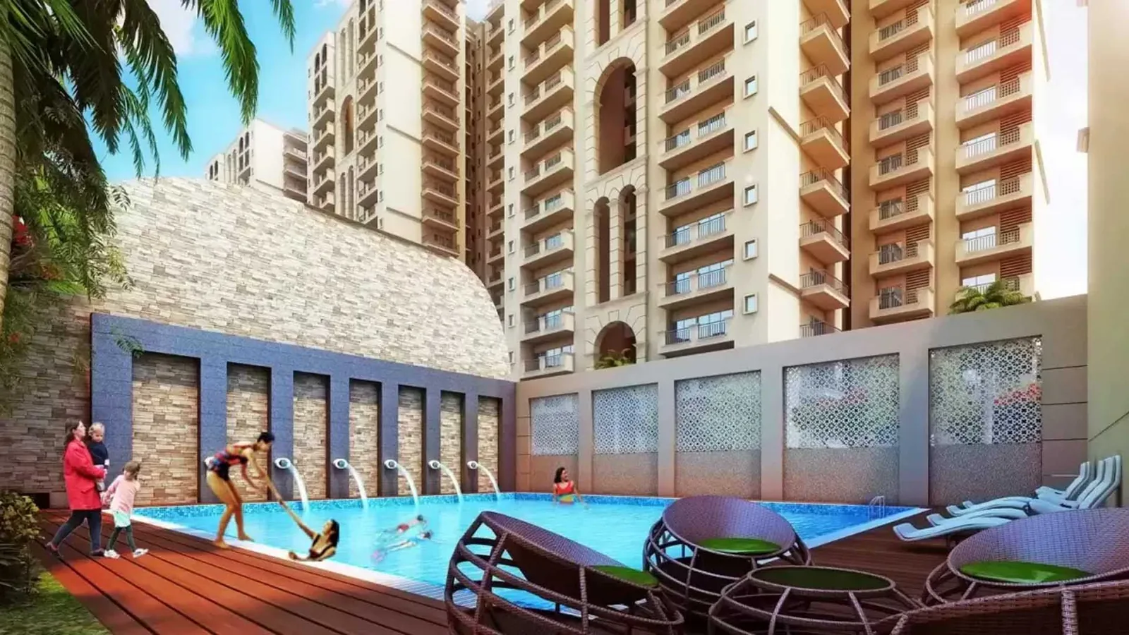 Pool deck and stone clad wall at Antriksh Golf City