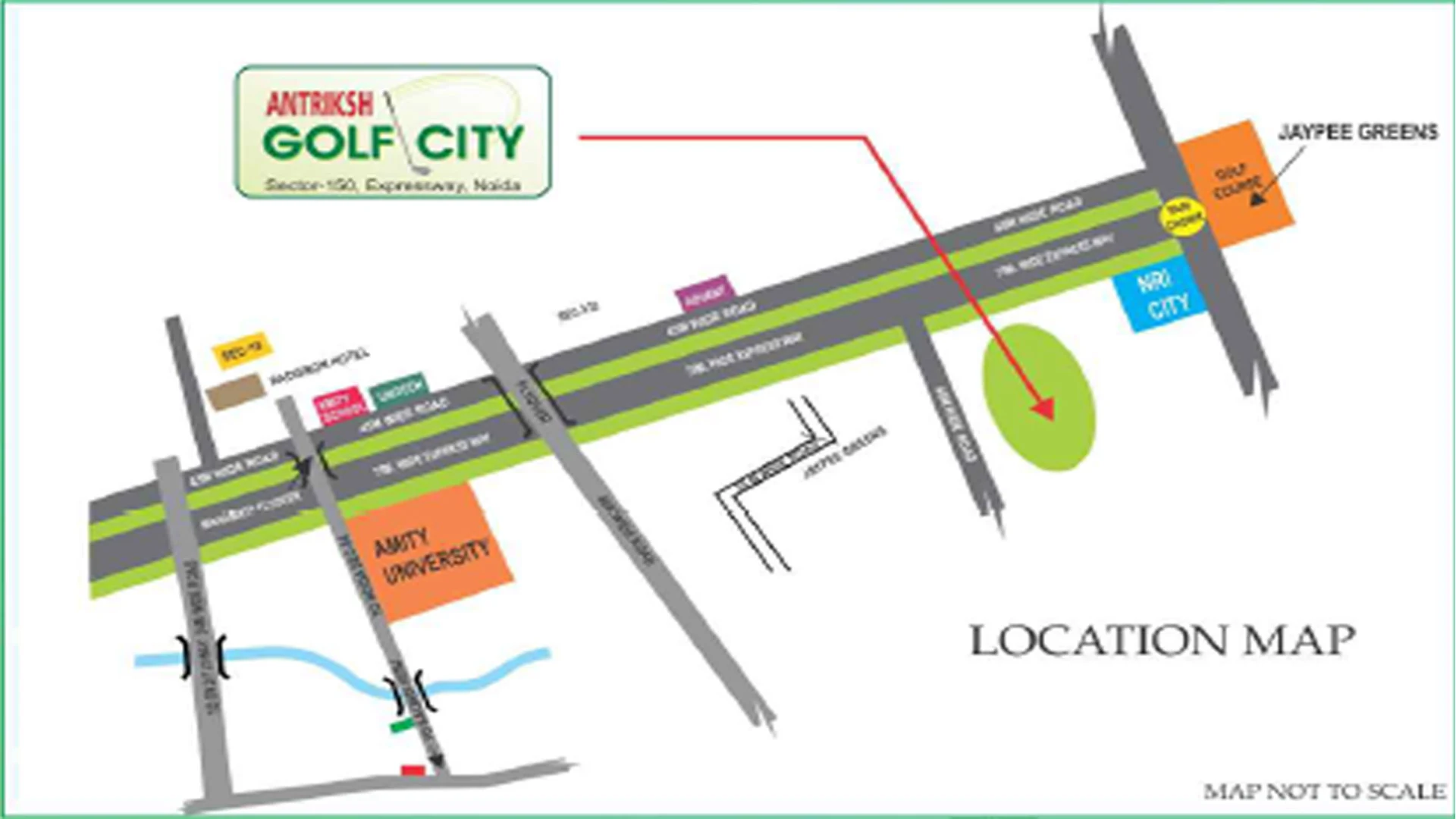 Antriksh Golf City location map showing the Noida Expressway, Amity University and Jaypee Greens