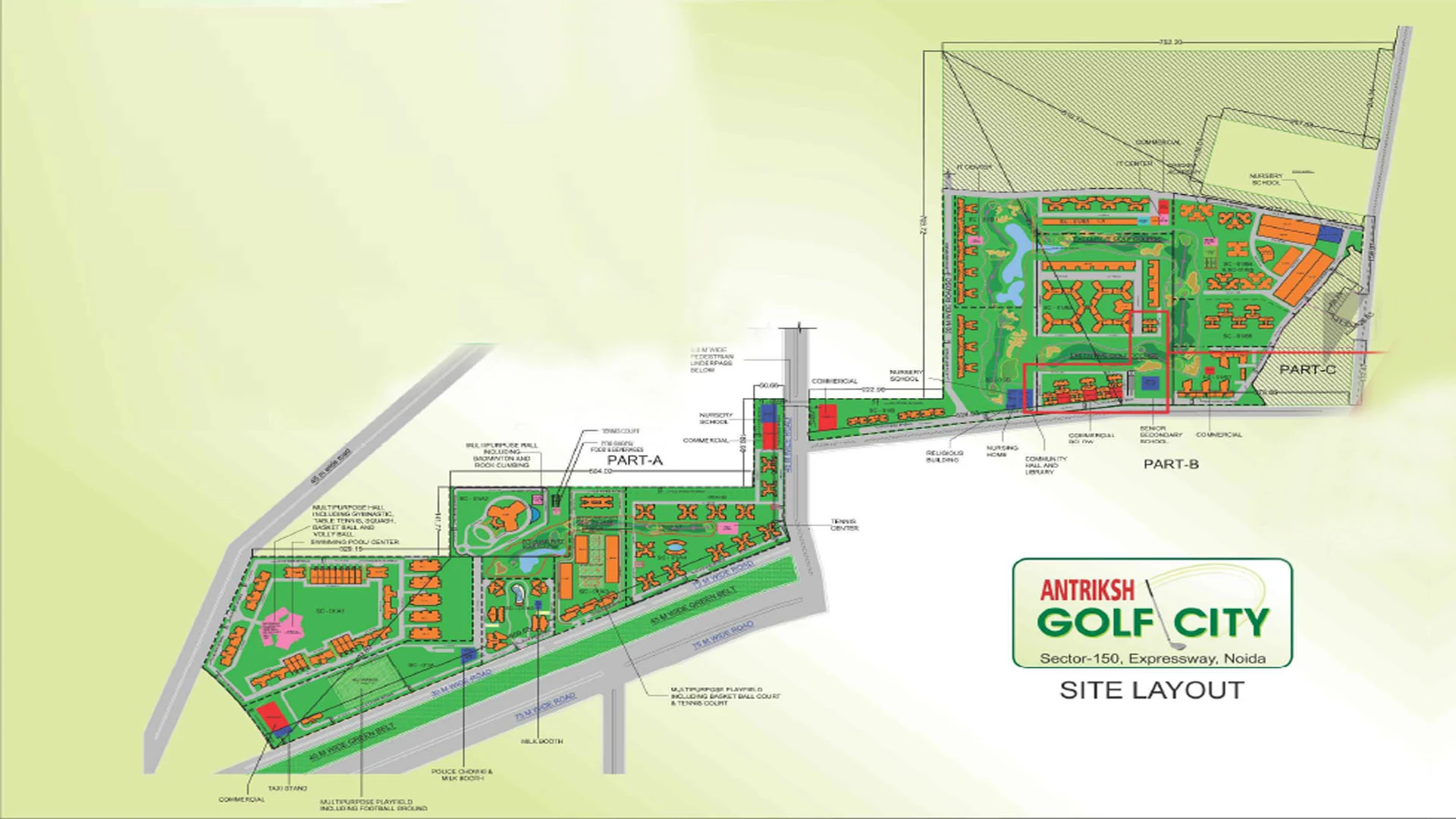 Antriksh Golf City site layout showing Part A, Part B and Part C