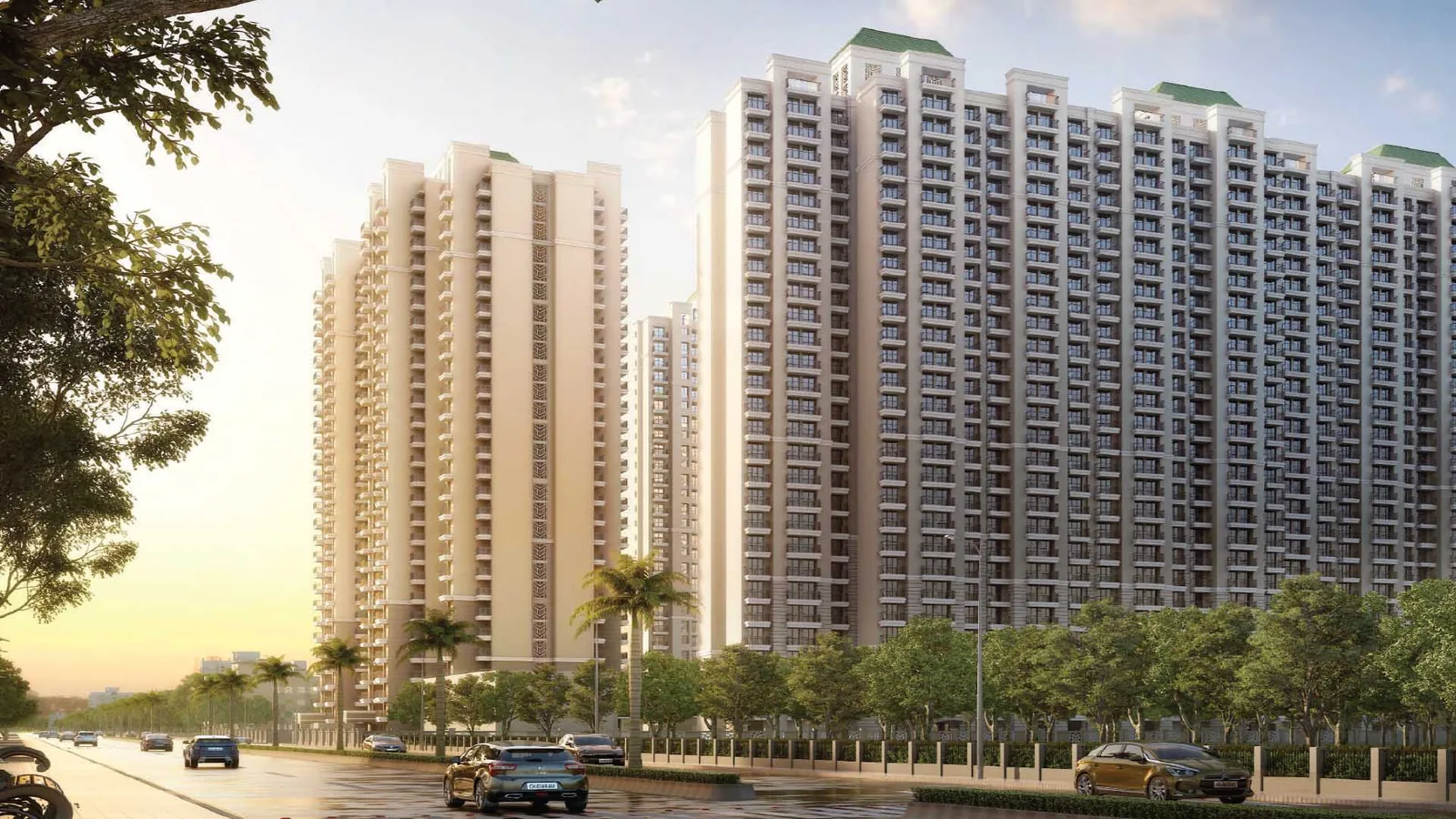 ATS Happy Trails towers seen from the approach road at dusk, Sector 10 Greater Noida West