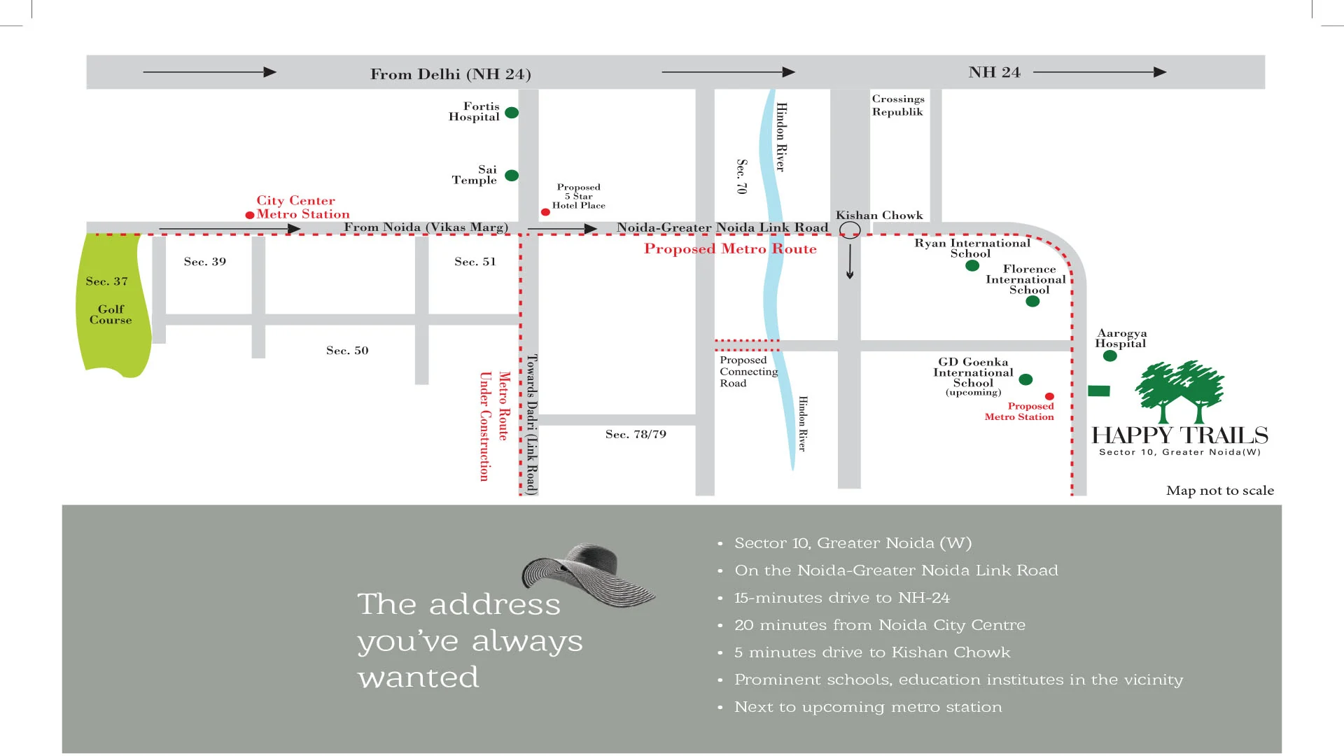 ATS Happy Trails location map showing NH 24, the Noida Greater Noida Link Road and nearby schools