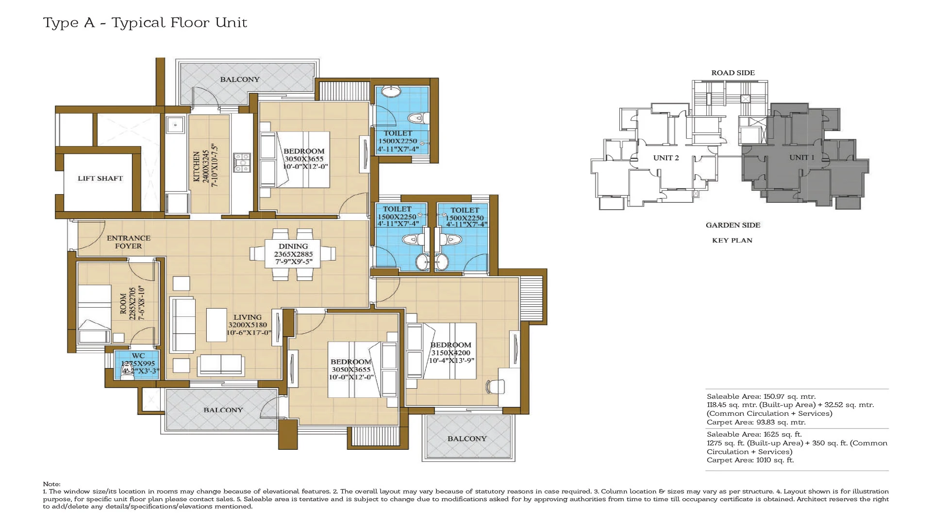 ATS Happy Trails Type A plan: 1,625 sq ft saleable, 1,010 sq ft carpet