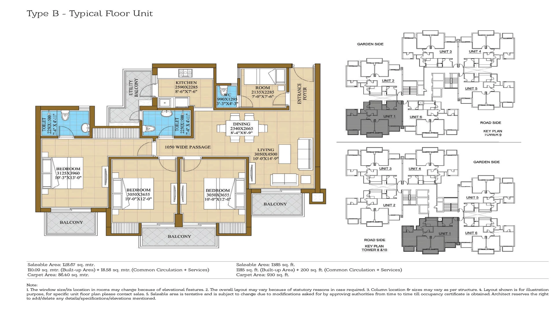 ATS Happy Trails Type B plan: 1,385 sq ft saleable, 930 sq ft carpet