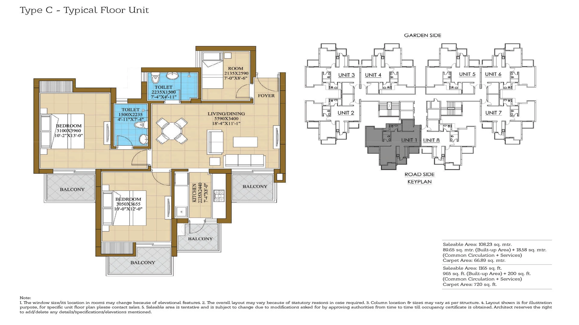 ATS Happy Trails Type C plan: 1,165 sq ft saleable, 720 sq ft carpet