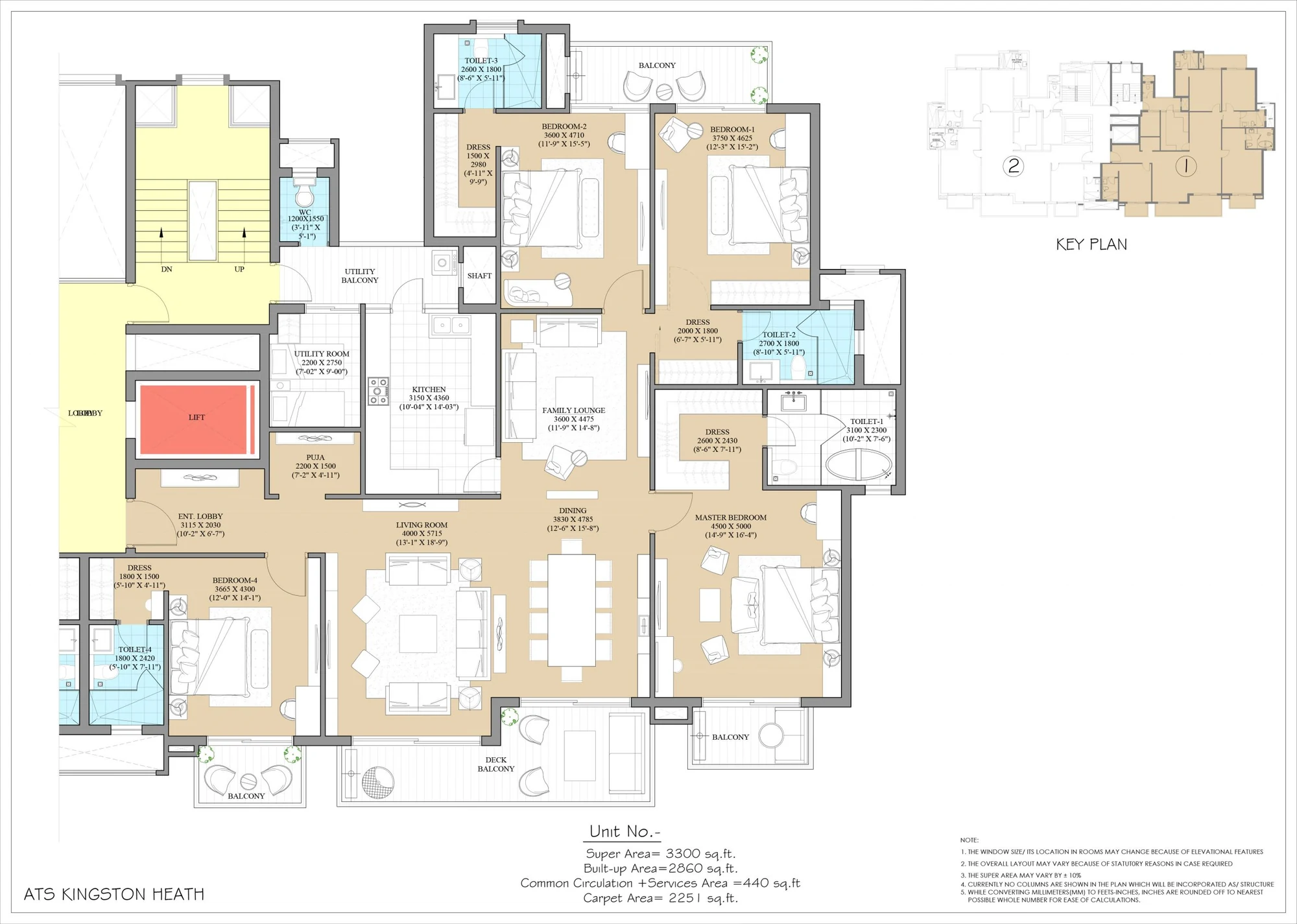 ATS Kingston Heath Type A plan: 3,300 sq ft super area, 2,650 sq ft built up, 2,251 sq ft carpet