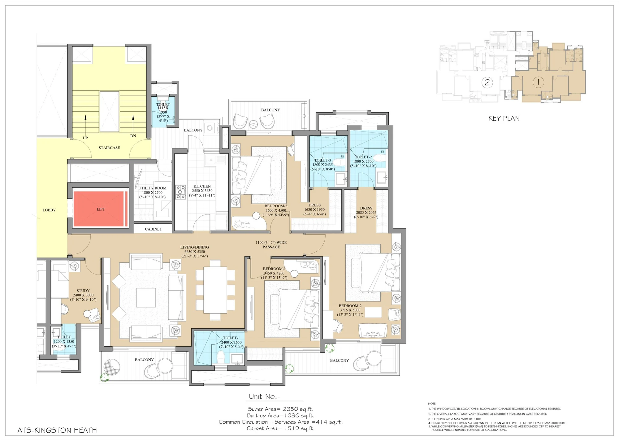 ATS Kingston Heath Type B plan: 2,350 sq ft super area, 1,519 sq ft carpet