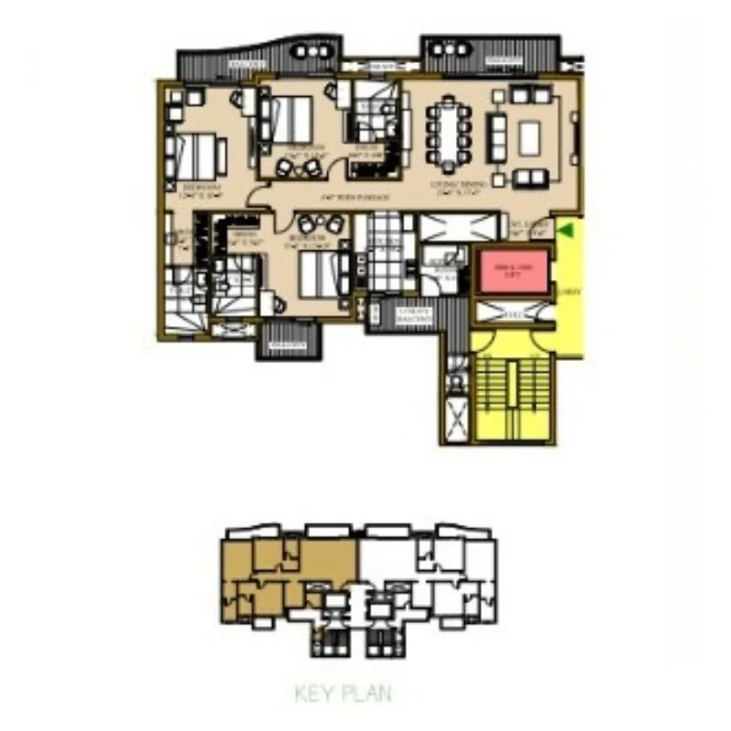 ATS Pristine typical floor plan, alternate unit position, with key plan
