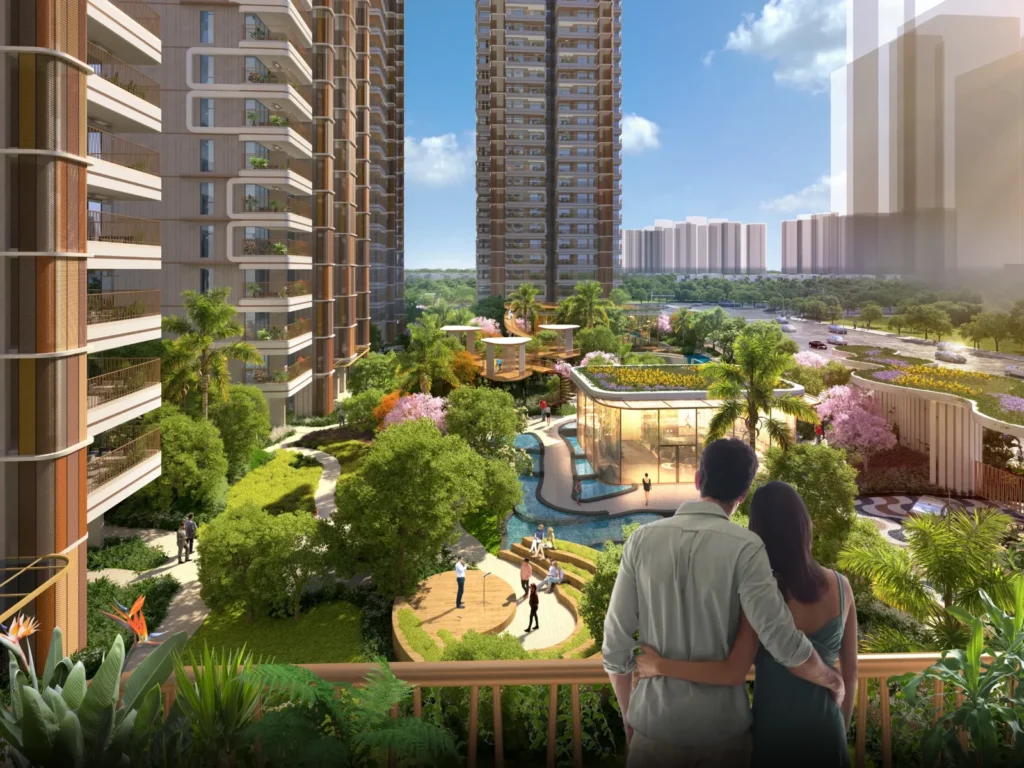 CRC Maesta towers and landscaped greens, Sector 1 Greater Noida West