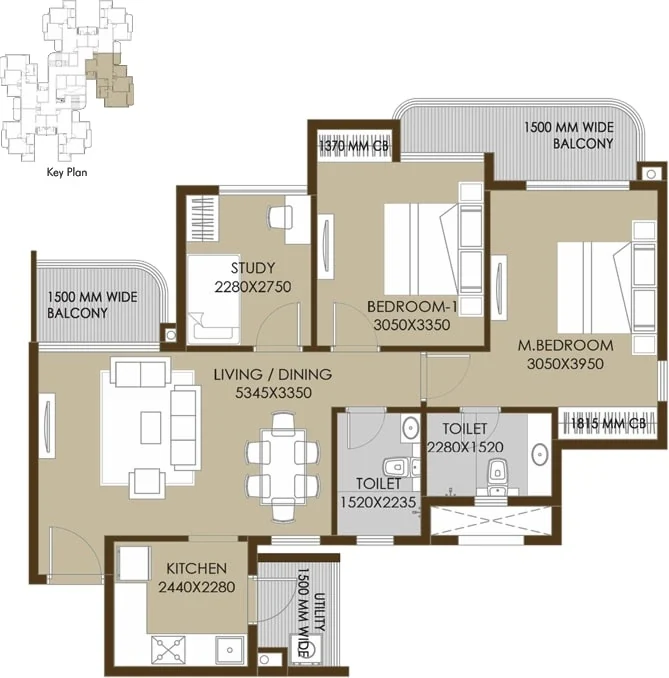 CRC Sublimis 2 BHK plus study floor plan with room dimensions in millimetres