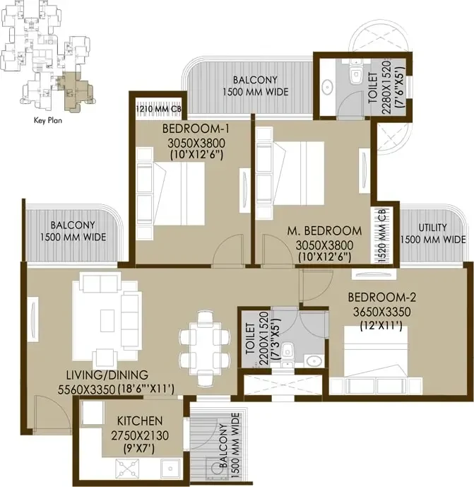 CRC Sublimis 3 BHK with 2 toilets floor plan with room dimensions