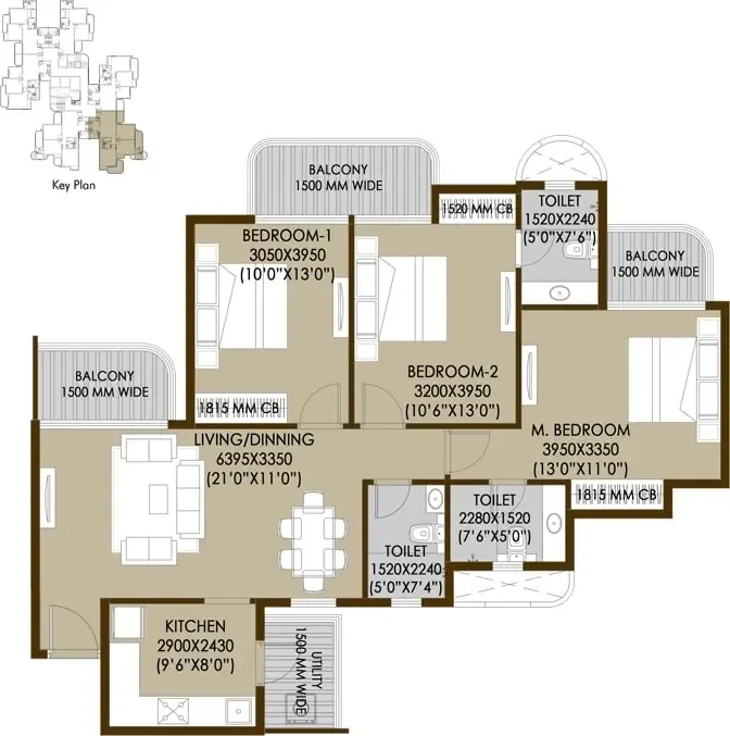 CRC Sublimis 3 BHK with 3 toilets floor plan with room dimensions