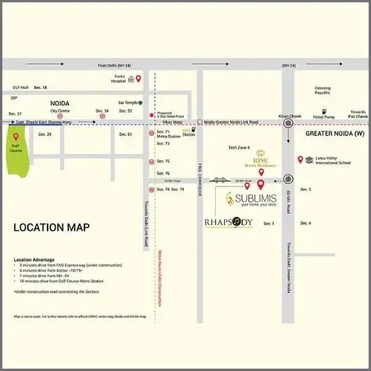 CRC Sublimis location map showing the Noida Greater Noida Link Road and nearby sectors