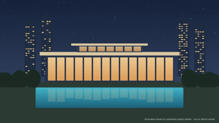 Illustration of a clubhouse and pool at CRC The Peridona