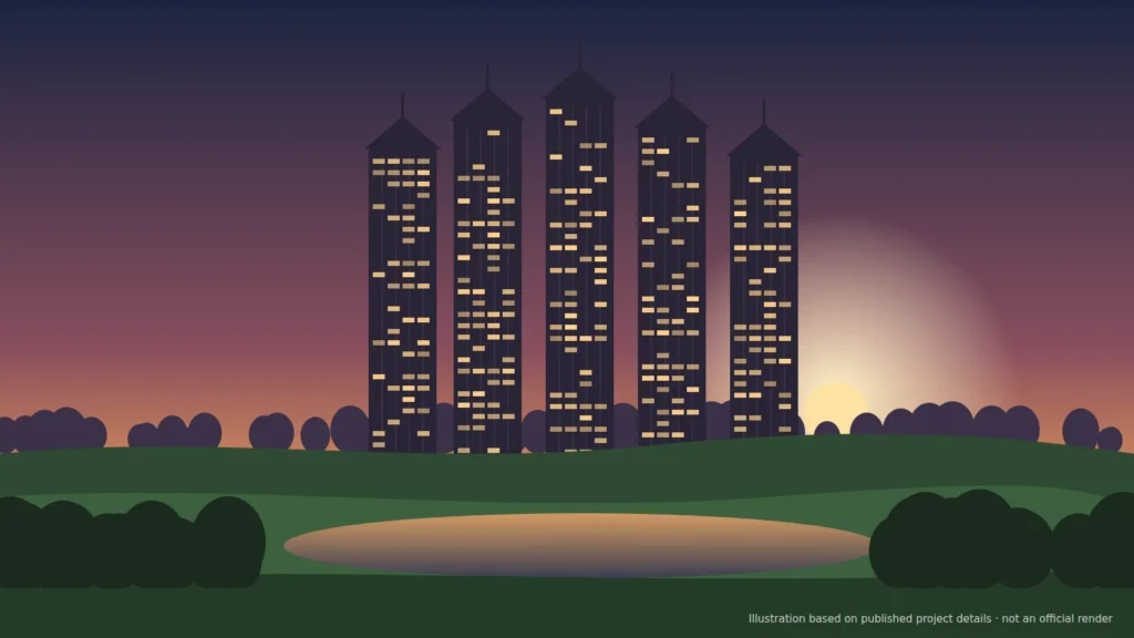 Illustration of tall towers at dusk above golf greens, CRC The Peridona