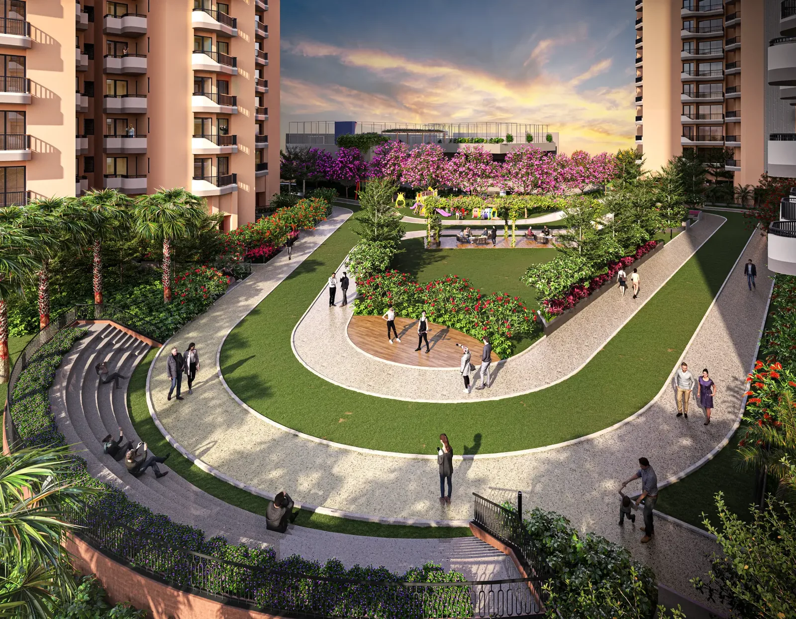 Landscaped podium with walking loop and lawn at Eldeco Ballads of Bliss