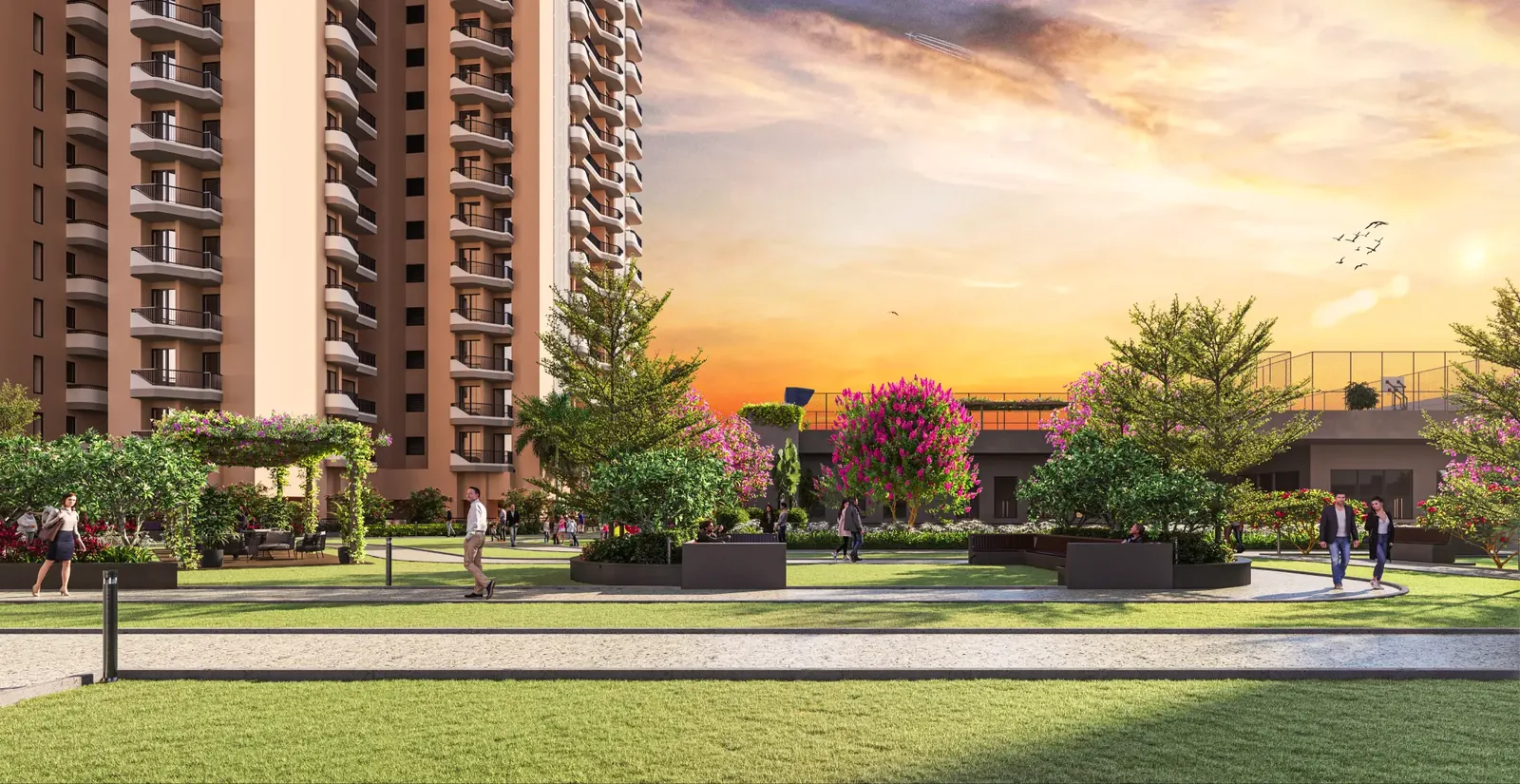 Sunset view across the landscaped garden at Eldeco Ballads of Bliss