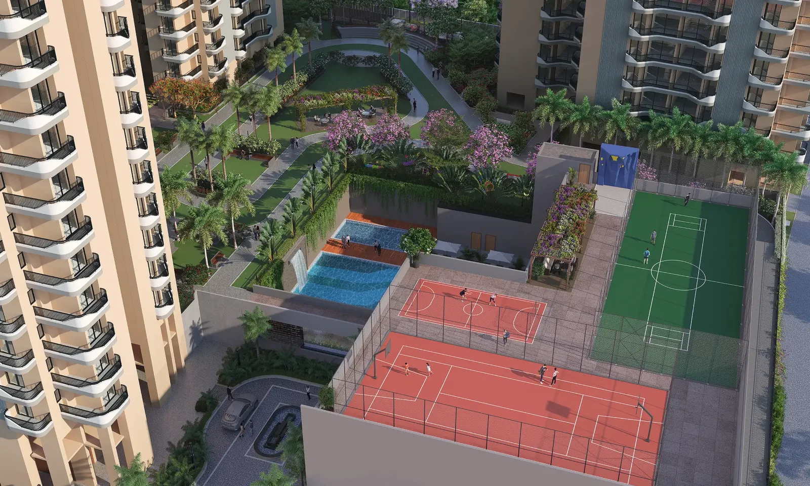 Tennis and football courts alongside the pool deck at Eldeco Ballads of Bliss