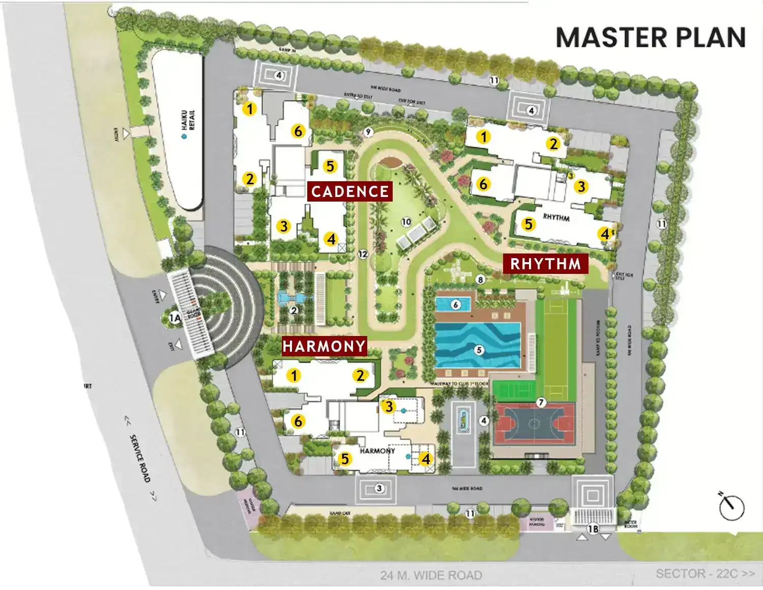 Eldeco Ballads of Bliss master plan showing the Cadence, Rhythm and Harmony tower clusters