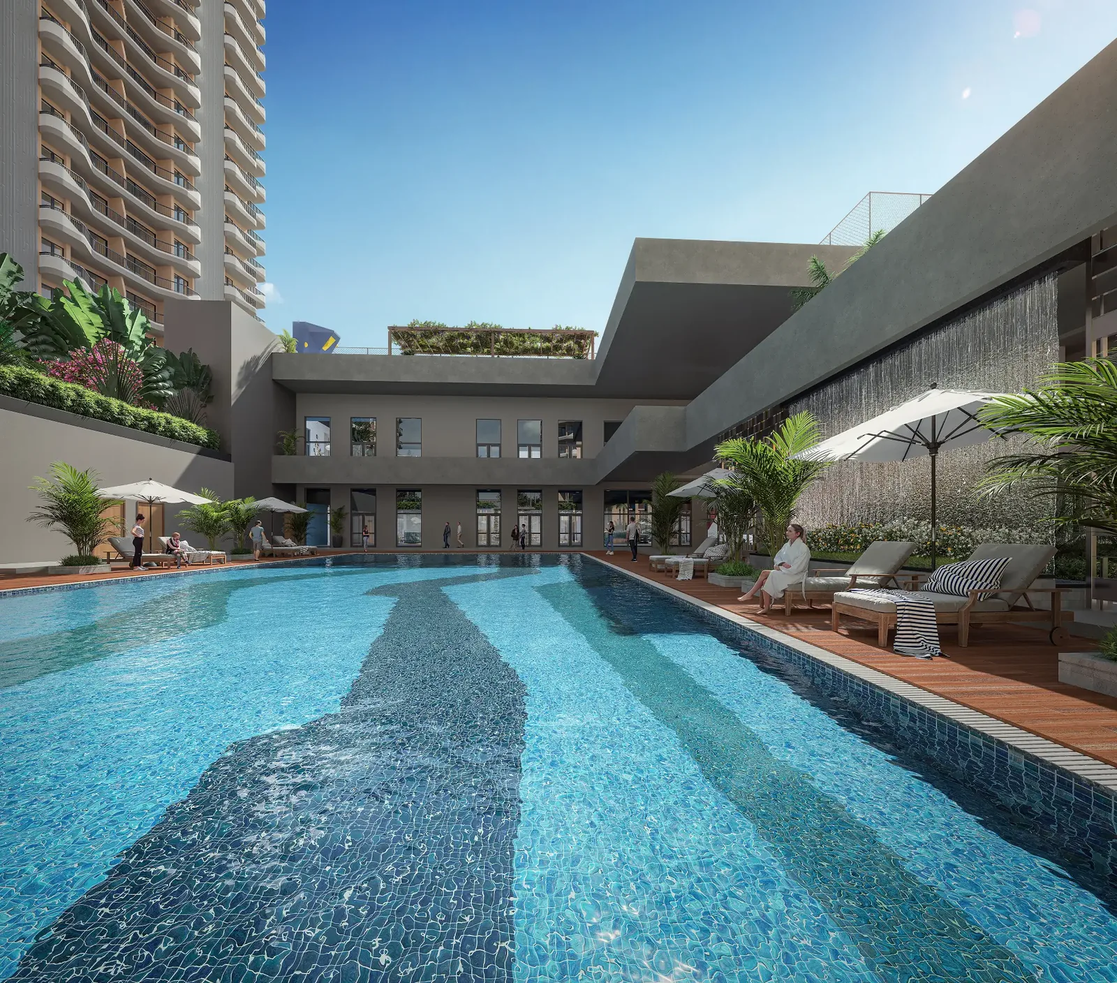 Swimming pool and deck below the clubhouse at Eldeco Ballads of Bliss