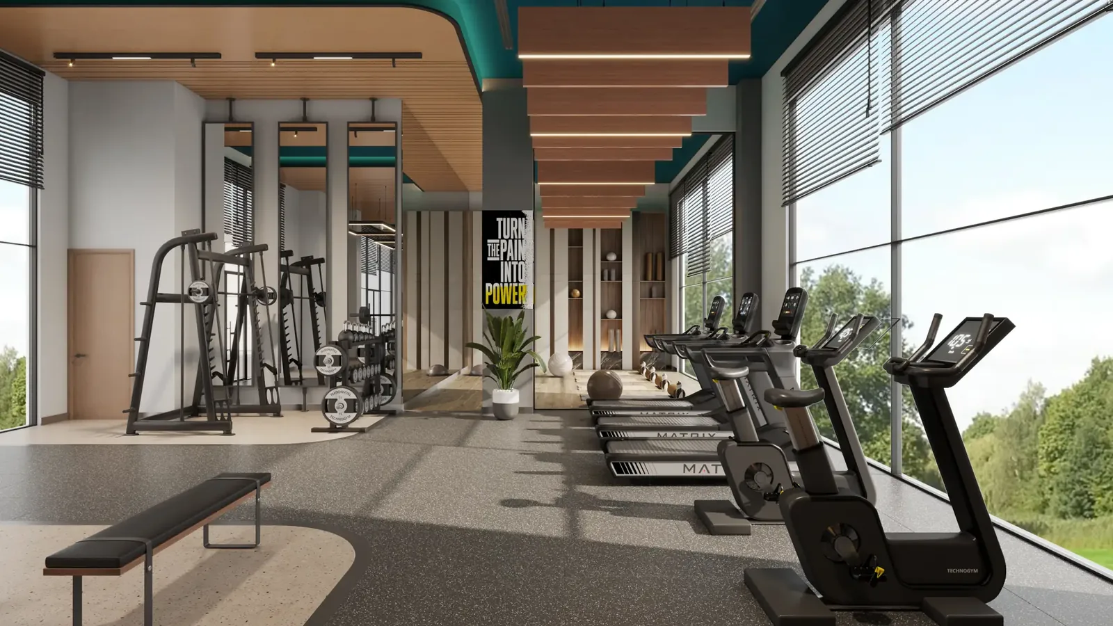 Gymnasium with cardio and weights equipment at Eldeco Echoes of Eden