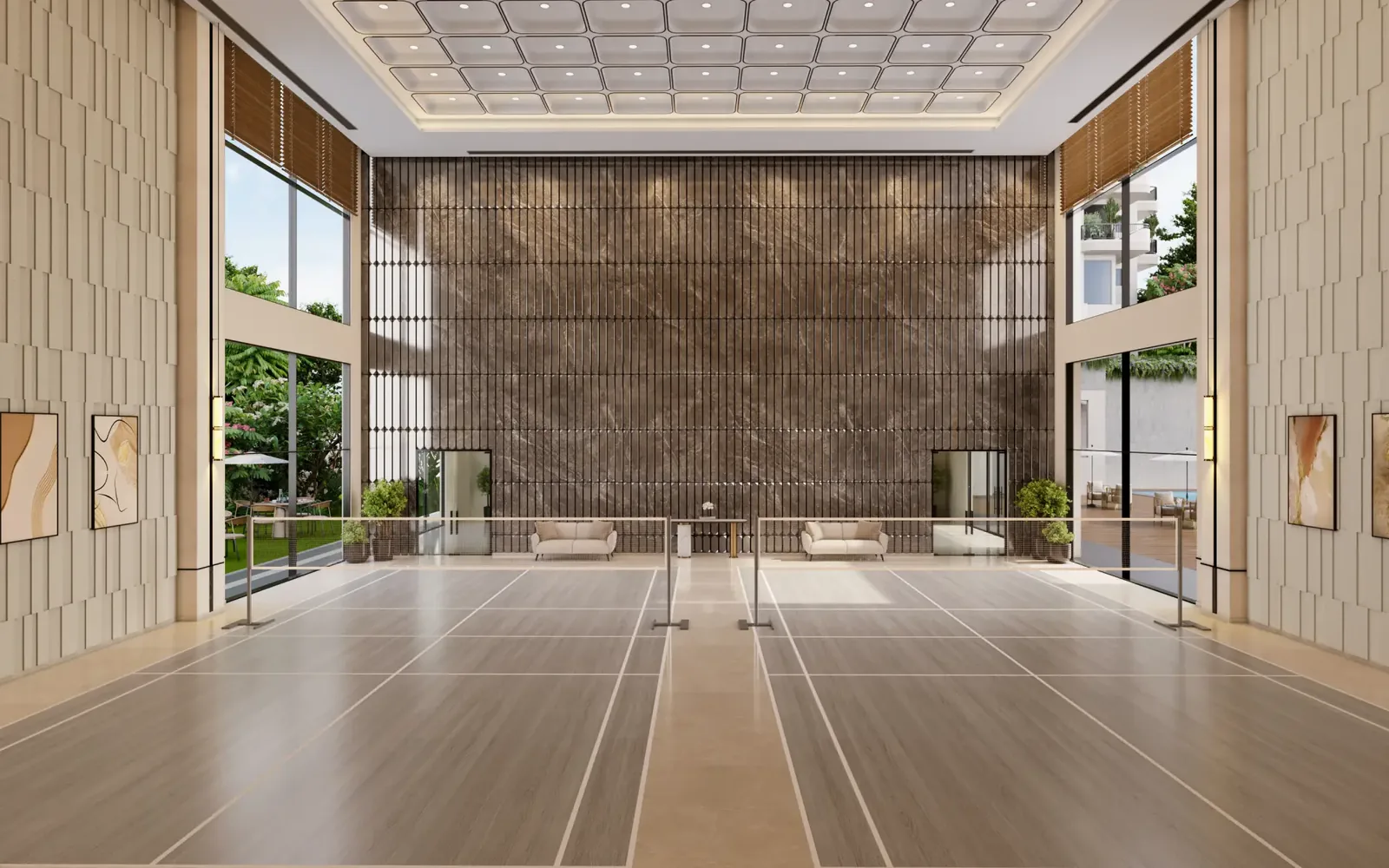 Multipurpose hall with badminton court markings at Eldeco Echoes of Eden