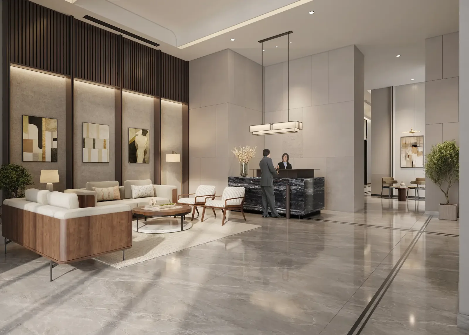 Tower lobby with seating and concierge desk at Eldeco Echoes of Eden