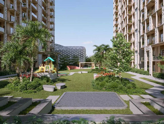 The landscaped courtyard at Eldeco La Vida Bella
