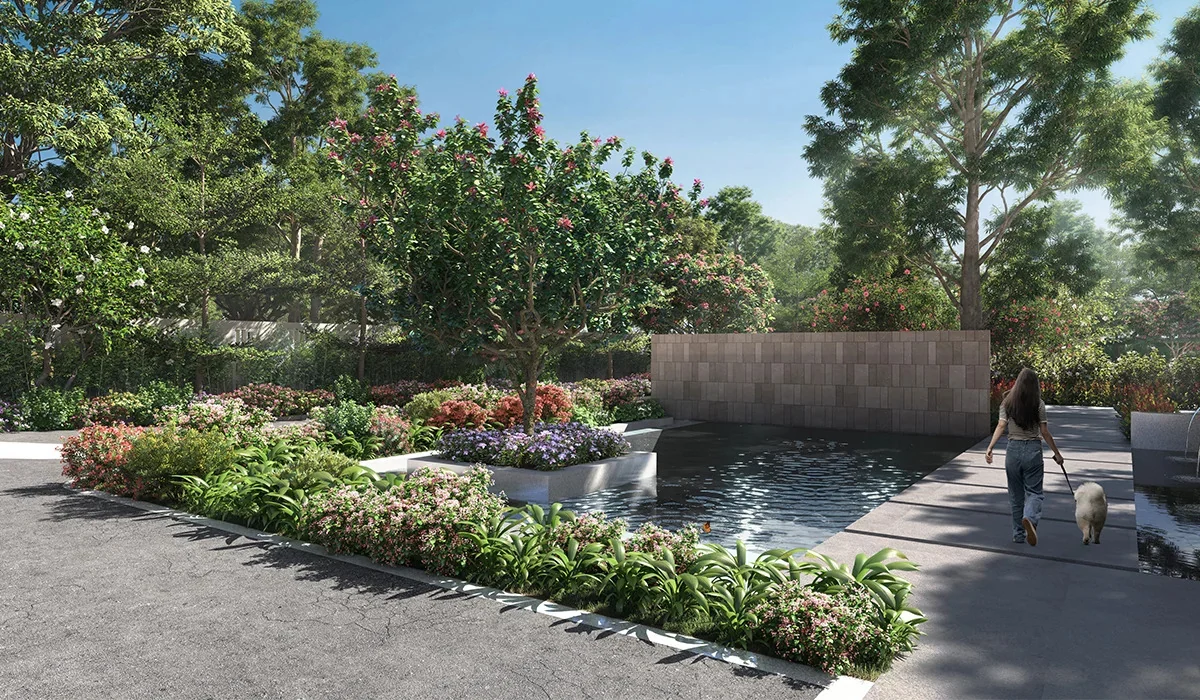 A landscaped water feature at Eldeco La Vida Bella