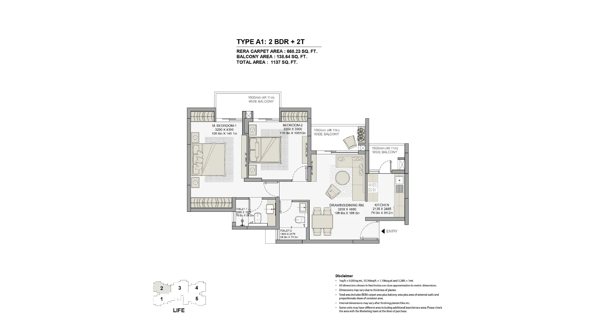 Eldeco Live By The Greens Type A1, 2 bedroom: 668.23 sq ft RERA carpet, 1,137 sq ft total