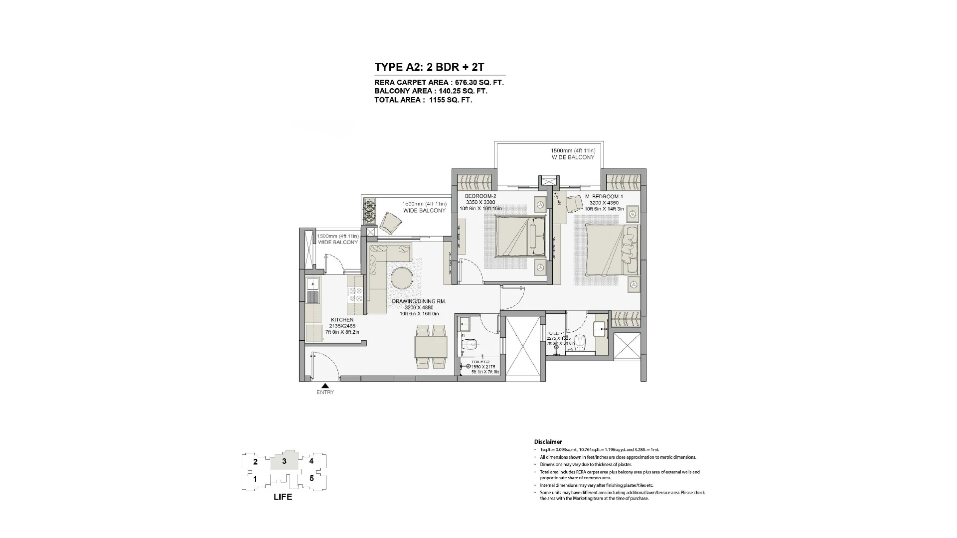 Eldeco Live By The Greens Type A2, 2 bedroom: 676.30 sq ft RERA carpet, 1,155 sq ft total