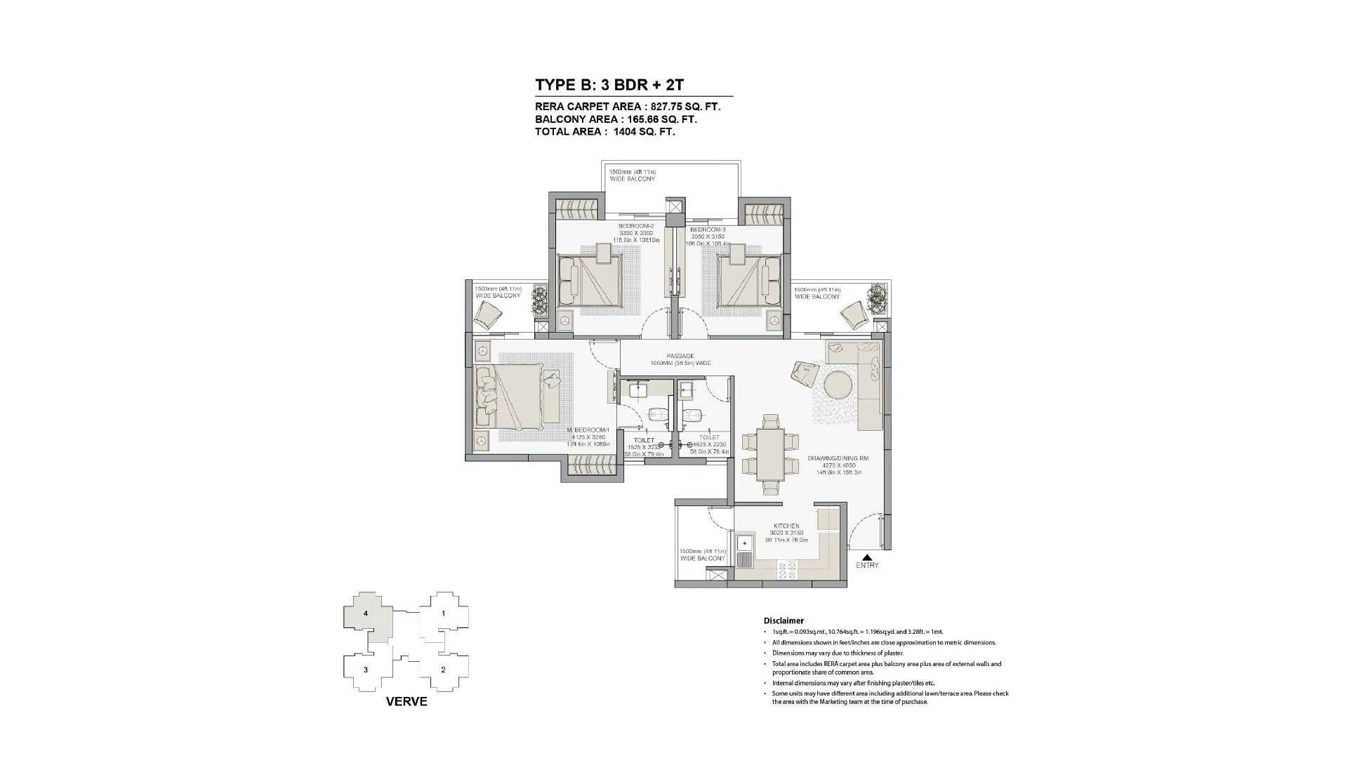 Eldeco Live By The Greens Type B, 3 bedroom: 827.75 sq ft RERA carpet, 1,404 sq ft total