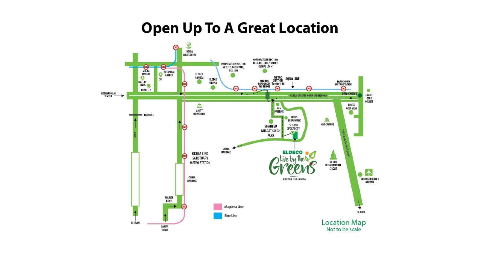 Eldeco Live By The Greens location map showing the Okhla Bird Sanctuary metro station and the expressway