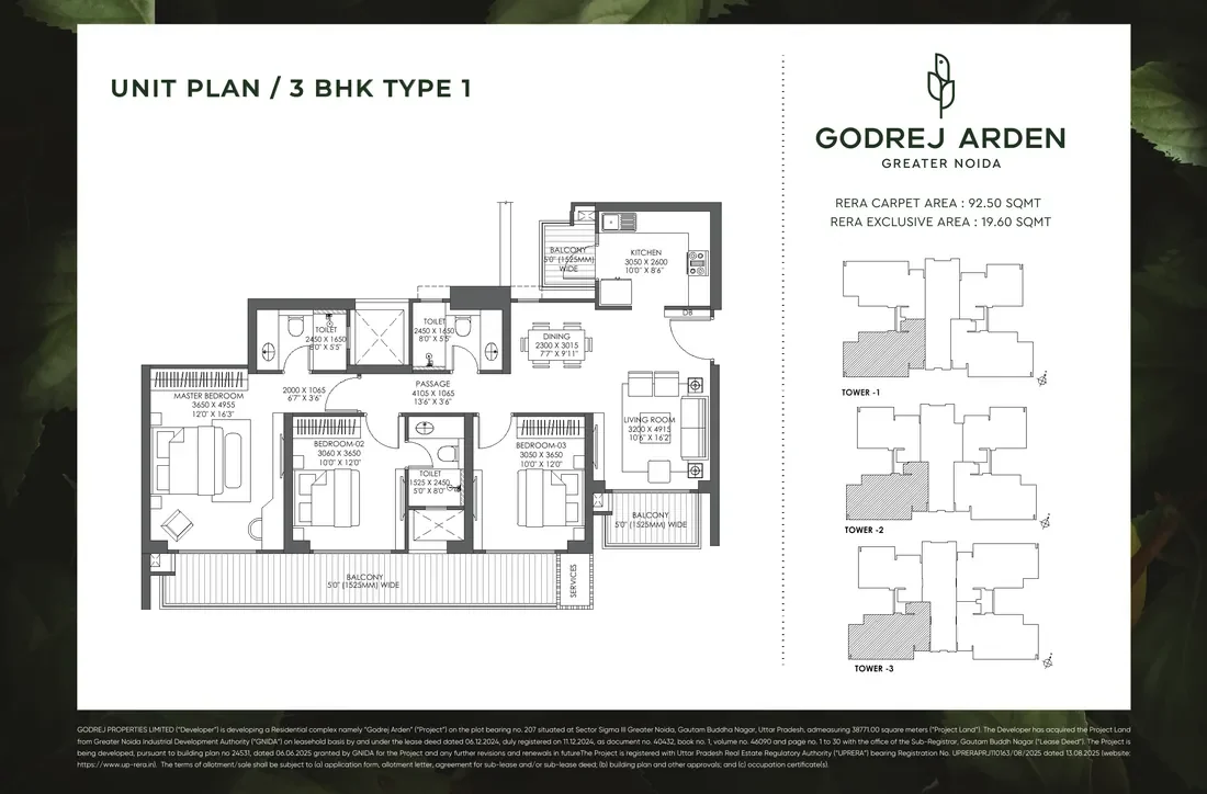 Three-bedroom unit plan at Godrej Arden