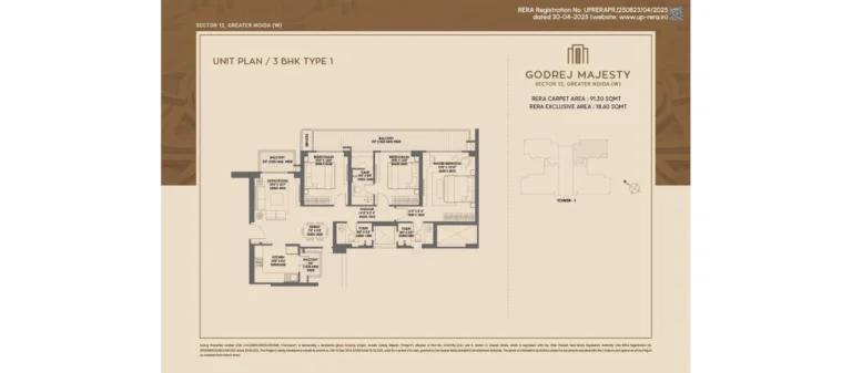 Godrej Majesty 3 BHK Type 1 floor plan, Tower 1