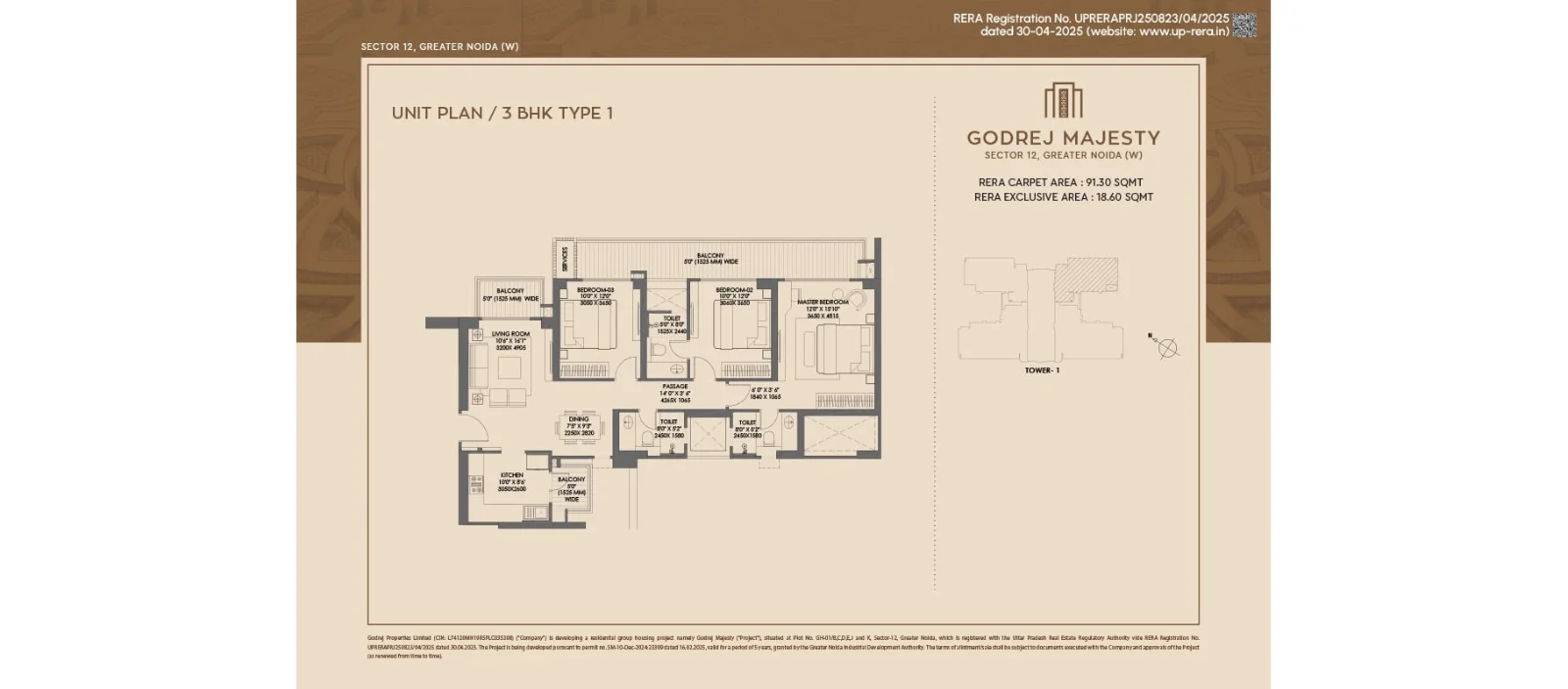 Godrej Majesty 3 BHK Type 1 floor plan, Tower 1