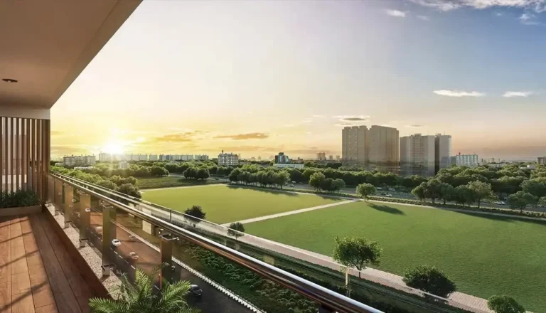 Balcony view over the greens at Godrej Majesty
