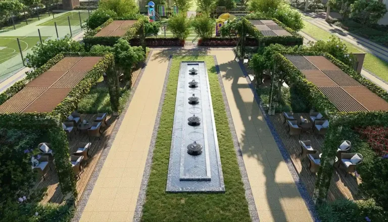 Central green axis with water feature at Godrej Majesty