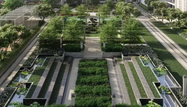 Geometric landscaped courts at Godrej Majesty